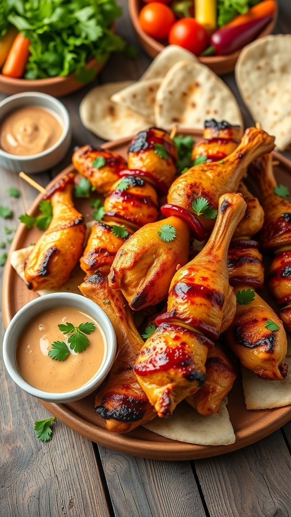 Grilled chicken drumstick kebabs garnished with parsley on a wooden table with dipping sauce and vegetables.